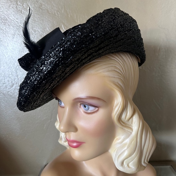 WINSOME 1940\'s STRAW WIDE BRIM FEDORA WITH GROSGRAIN BOW & STRAW BALLS main image 5